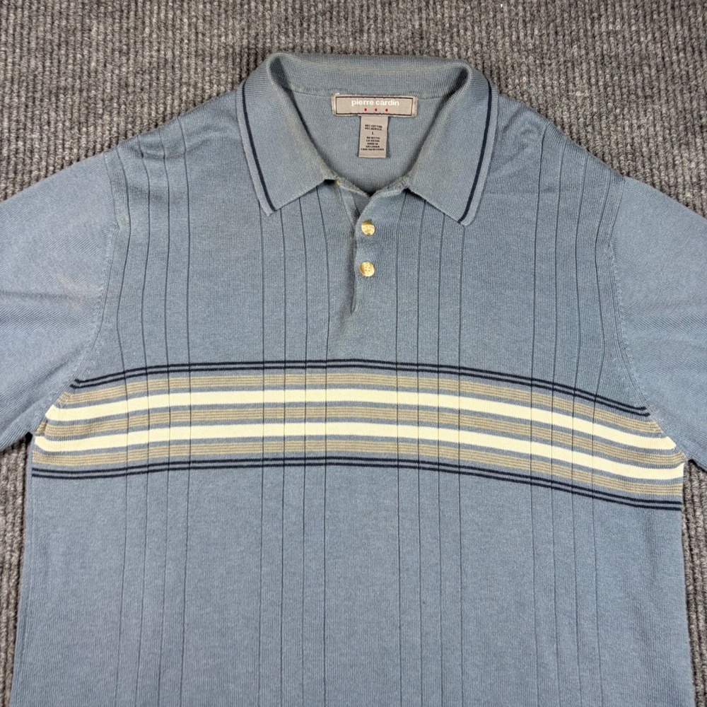 Pierre Cardin Shirt Mens L Blue Striped Knit Polo Short Sleeve Cotton Blend - Picture 2 of 7